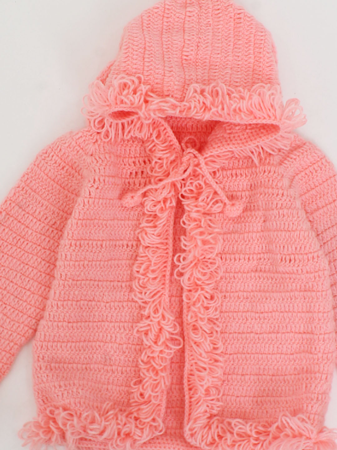 Loop Stitch Crochet Sweater With Hoodie For Kids - Peach
