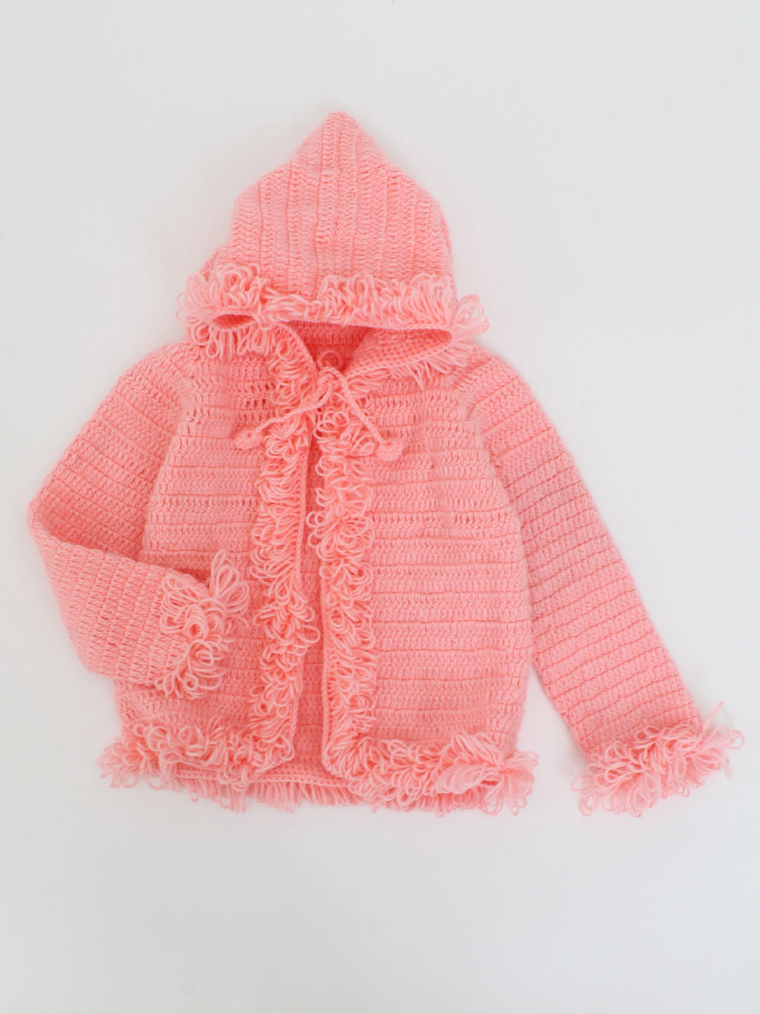 Loop Stitch Crochet Sweater With Hoodie For Kids - Peach