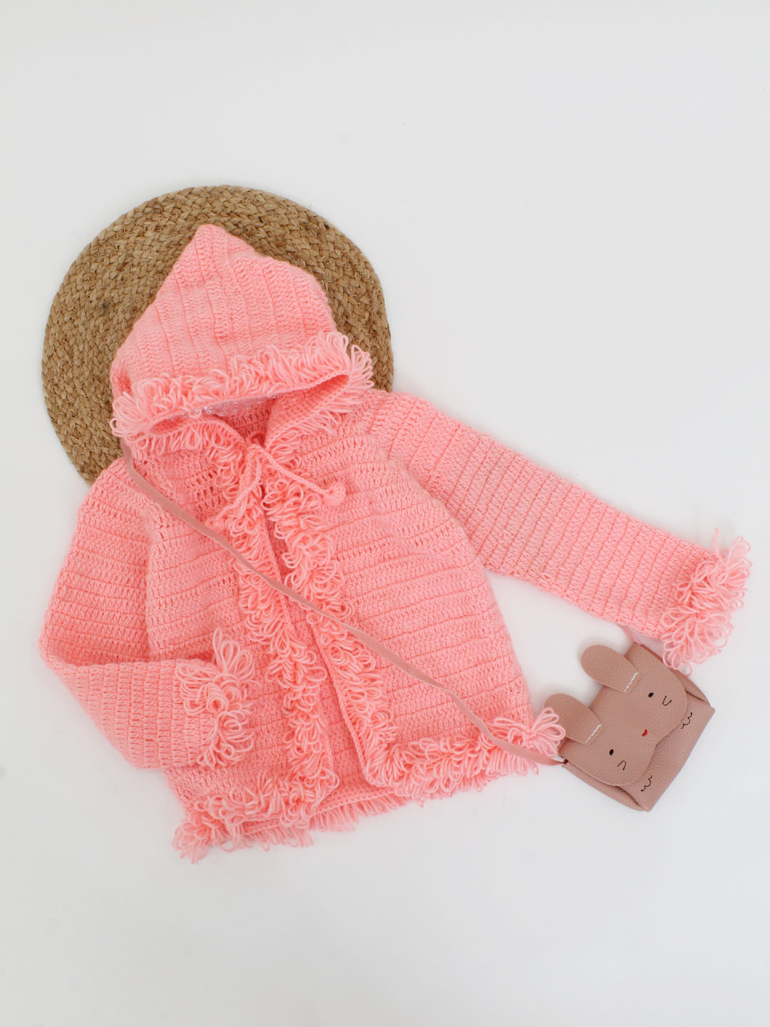 Loop Stitch Crochet Sweater With Hoodie For Kids - Peach