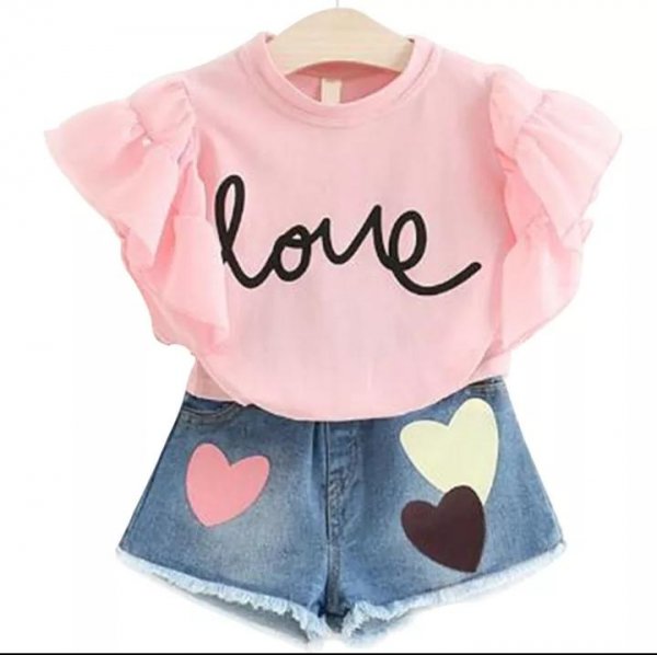 Image of Love Print Frill sleeve Pearl Work Top and Shorts