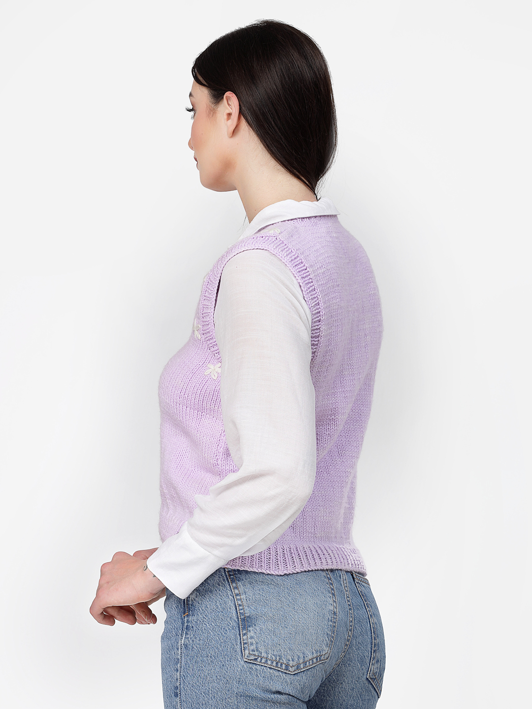 Handmade Floral Embroidery Sleeveless V Neck Sweater-Mauve