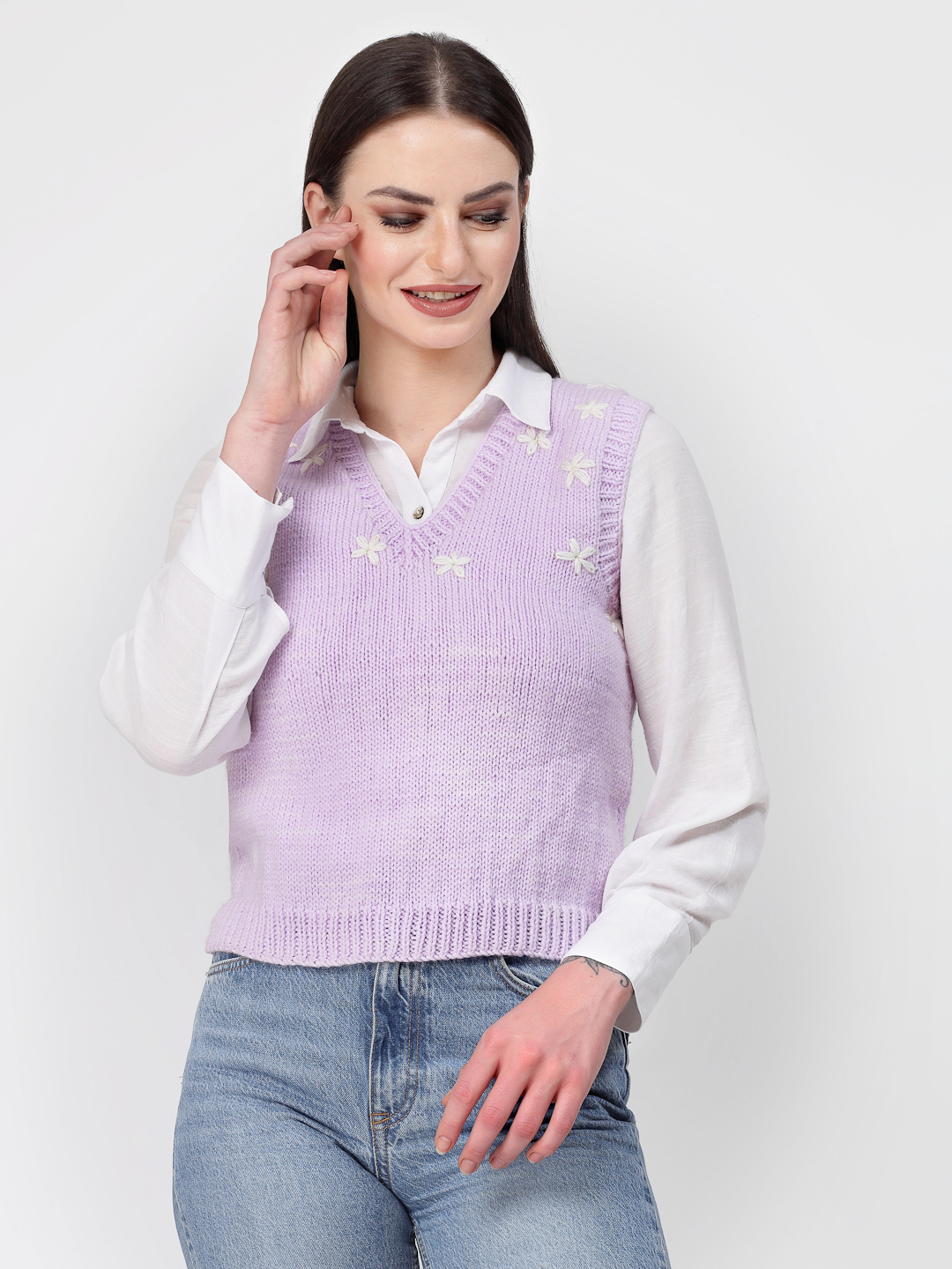 Handmade Floral Embroidery Sleeveless V Neck Sweater-Mauve