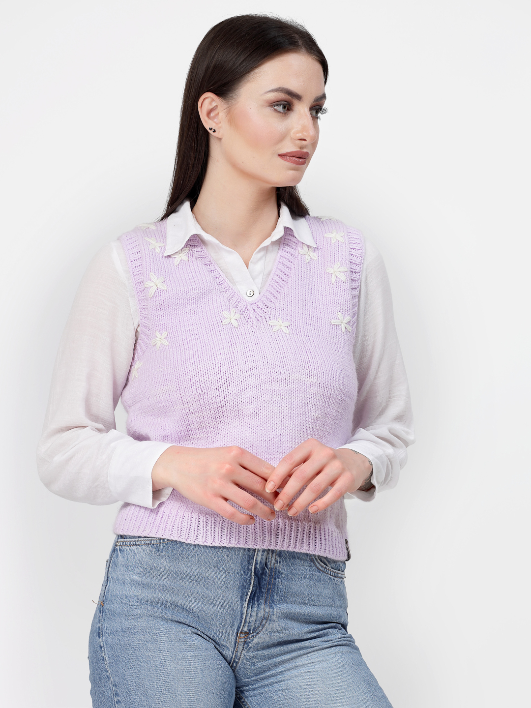 Handmade Floral Embroidery Sleeveless V Neck Sweater-Mauve