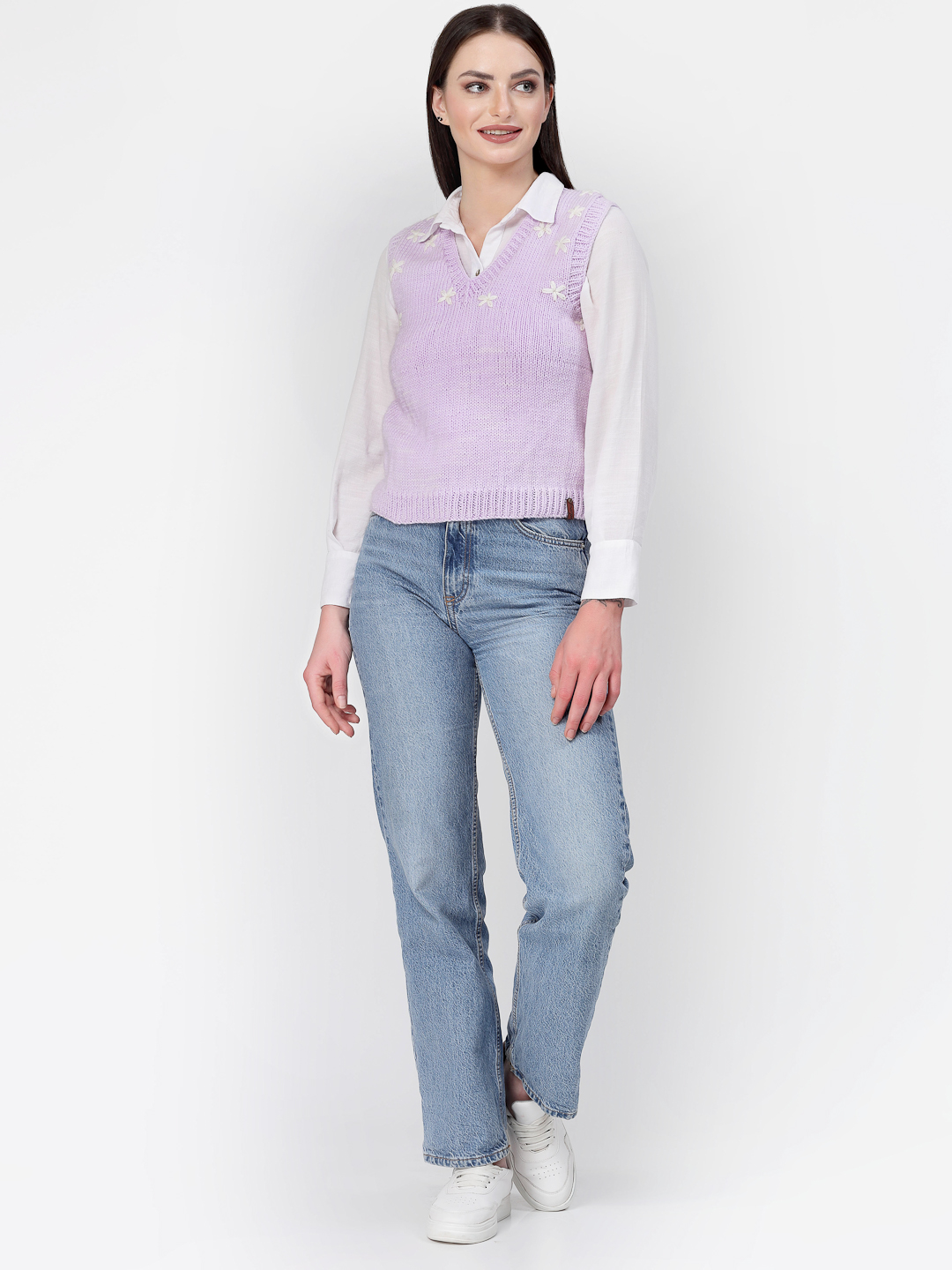 Handmade Floral Embroidery Sleeveless V Neck Sweater-Mauve