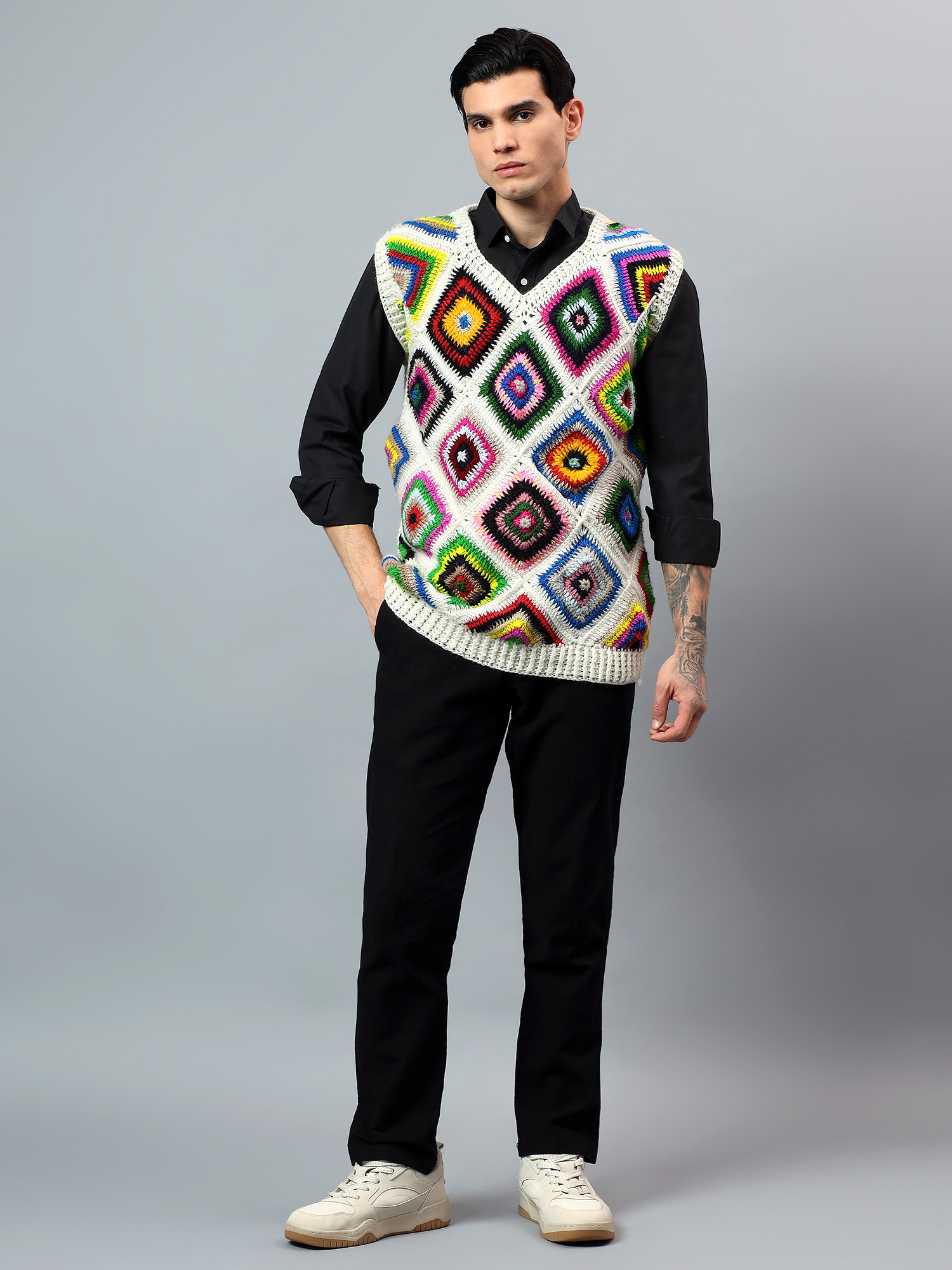 Zky Mens Granny Square Crochet Sweater