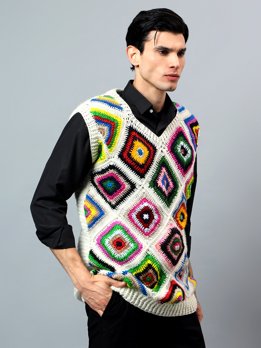 Zky Mens Granny Square Crochet Sweater
