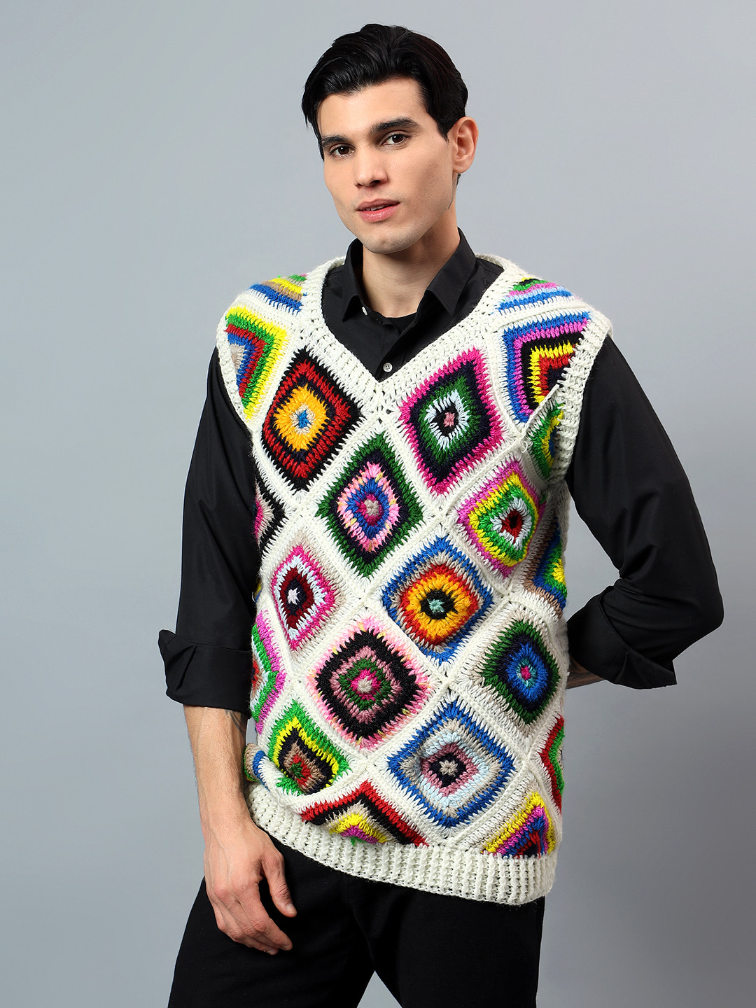 Zky Mens Granny Square Crochet Sweater