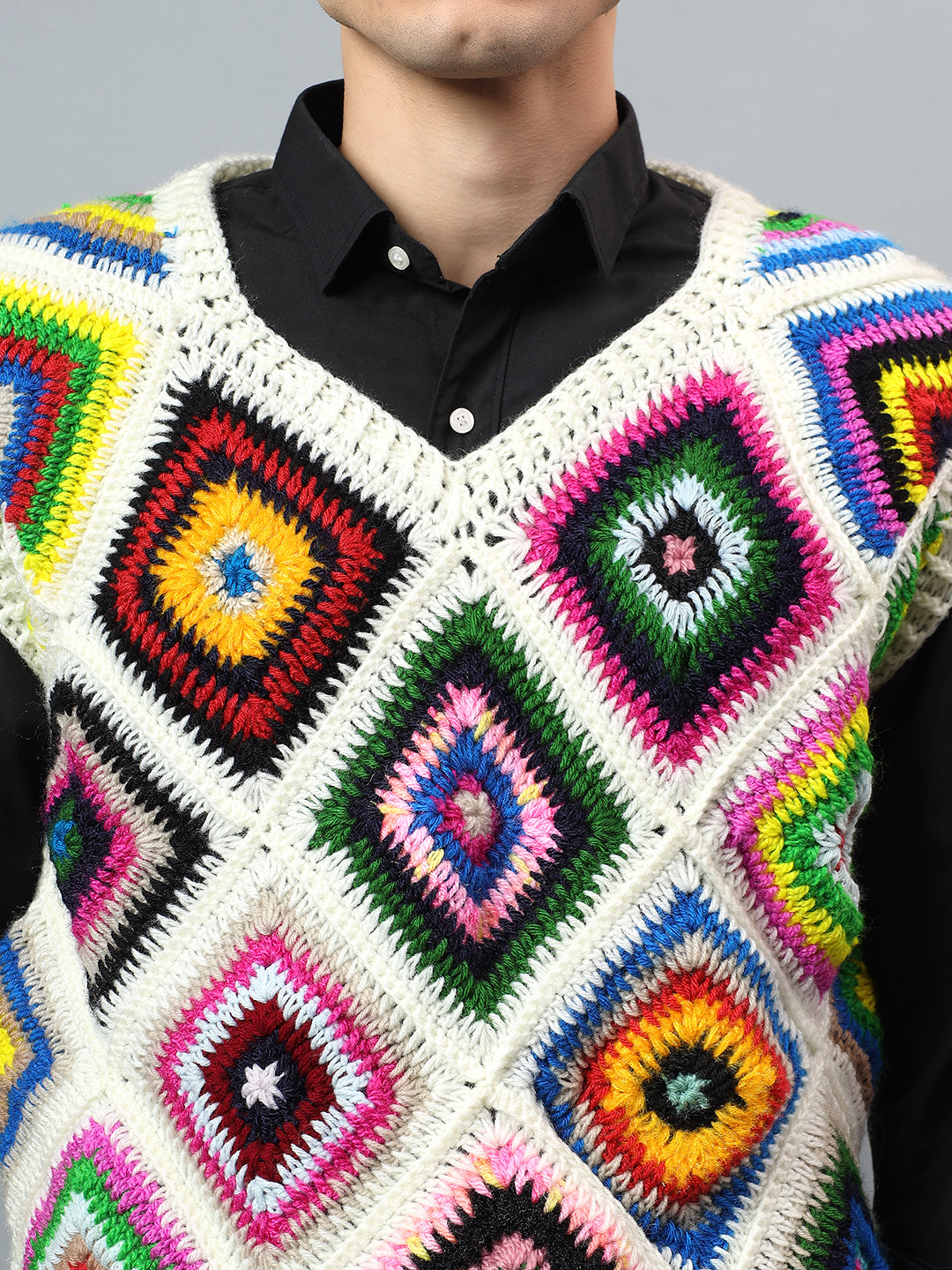 Zky Mens Granny Square Crochet Sweater