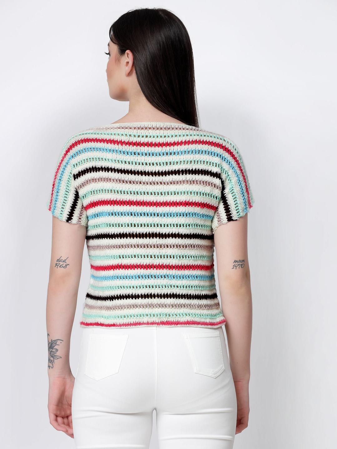 Womens Crochet Striped Designer Sweater - Multi