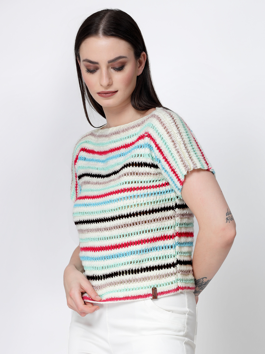 Womens Crochet Striped Designer Sweater - Multi