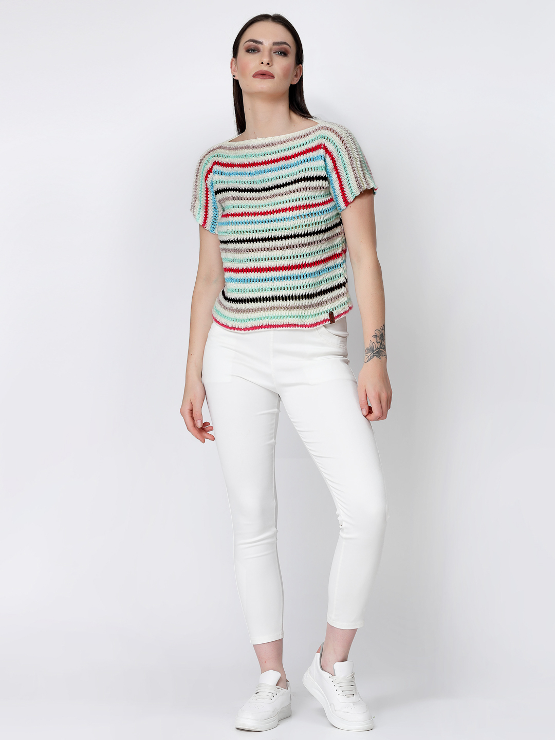 Womens Crochet Striped Designer Sweater - Multi