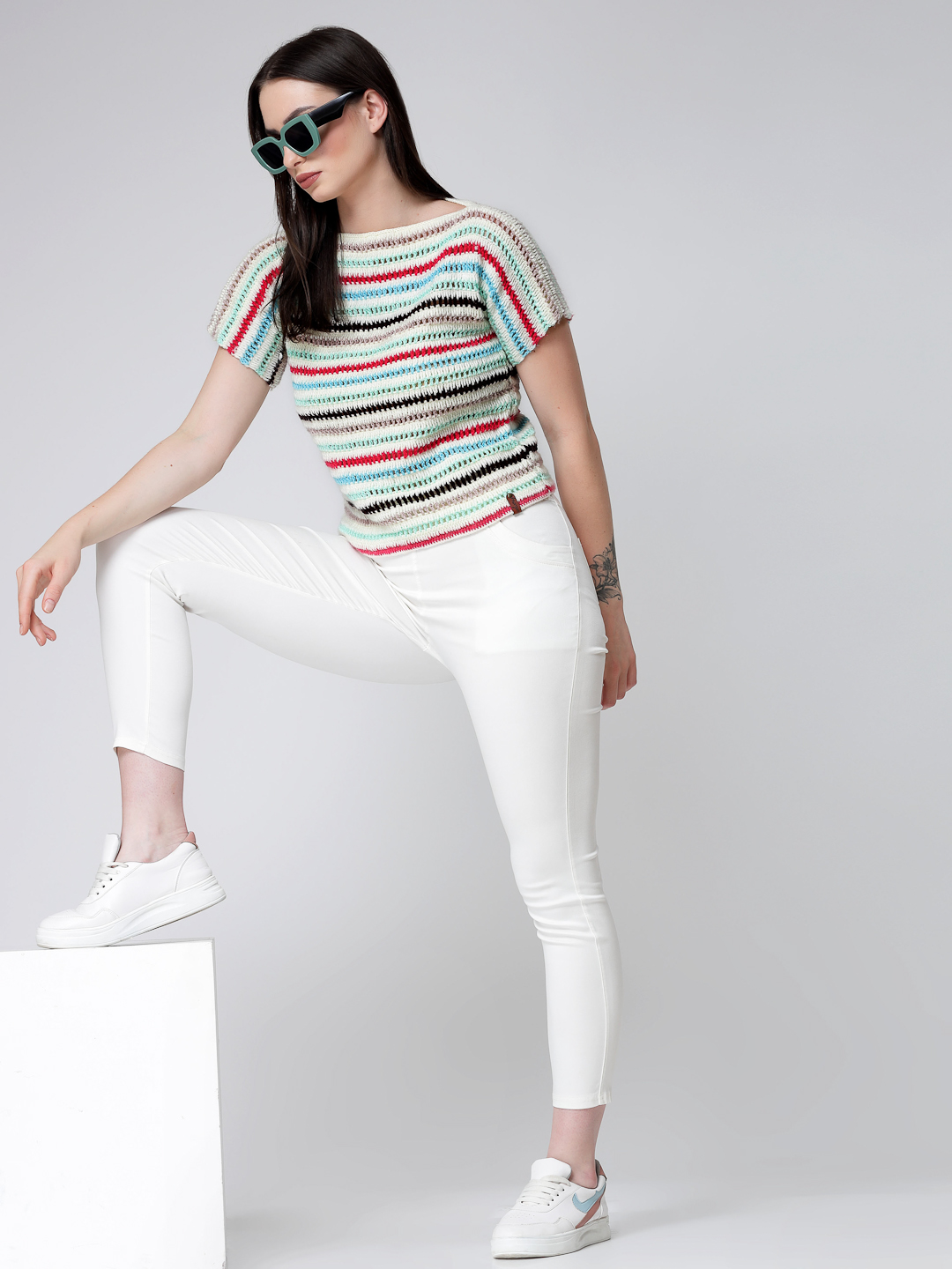 Womens Crochet Striped Designer Sweater - Multi