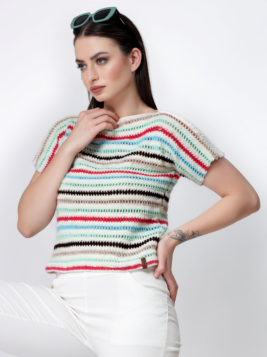 Womens Crochet Striped Designer Sweater - Multi