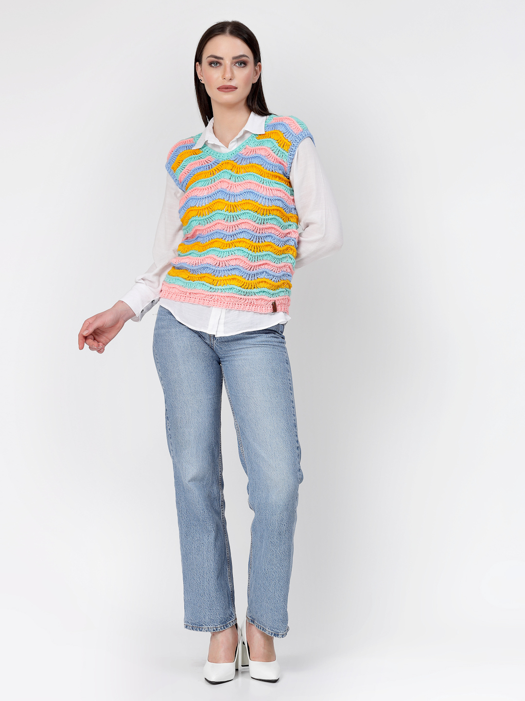 Handwoven Ripple Crochet Stitch Pullover for Women - Multi