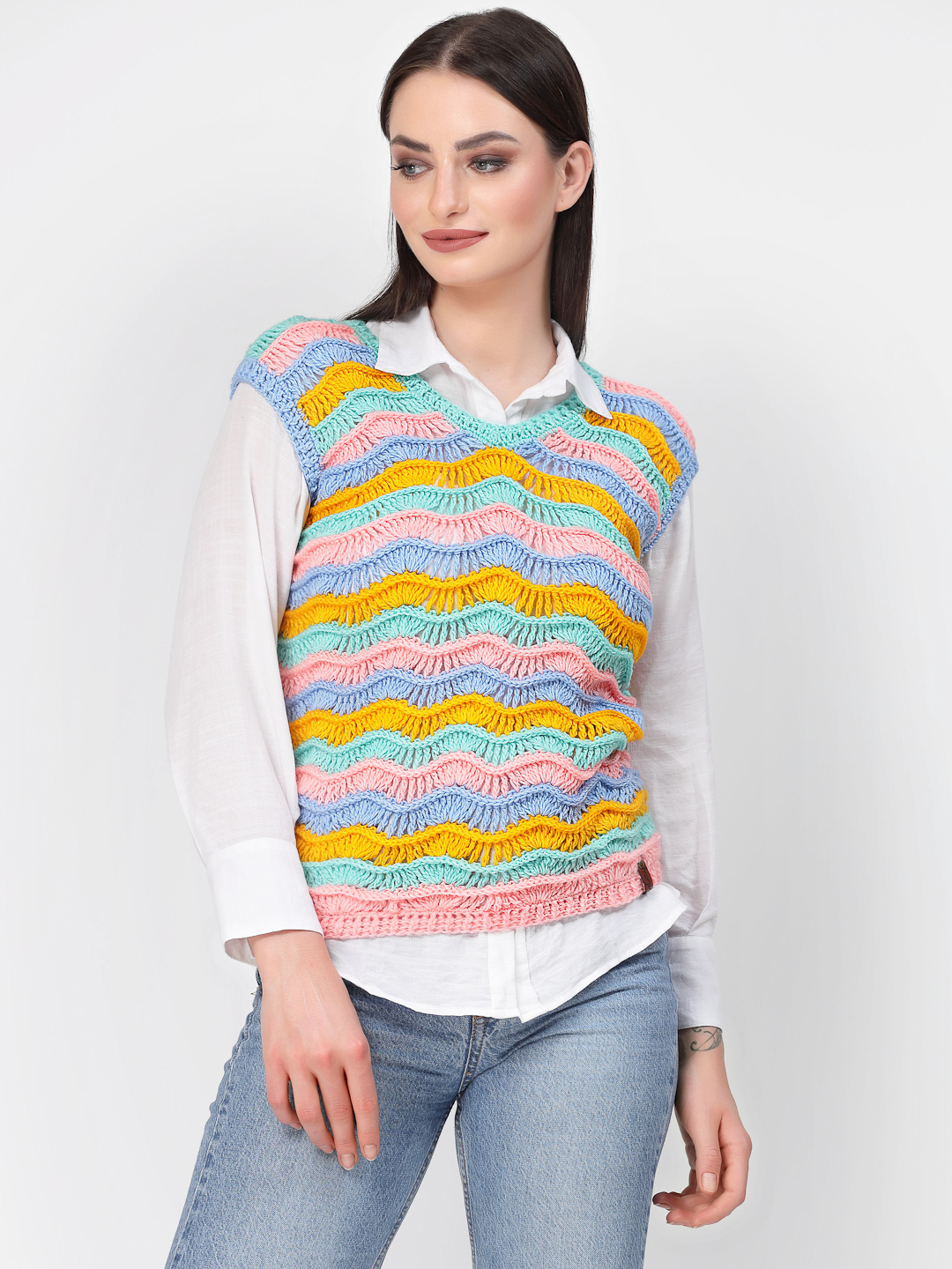 Handwoven Ripple Crochet Stitch Pullover for Women - Multi