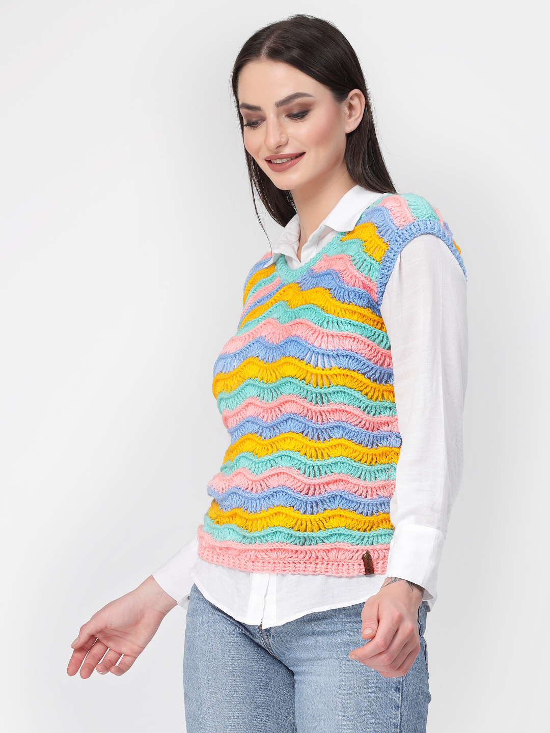 Handwoven Ripple Crochet Stitch Pullover for Women - Multi