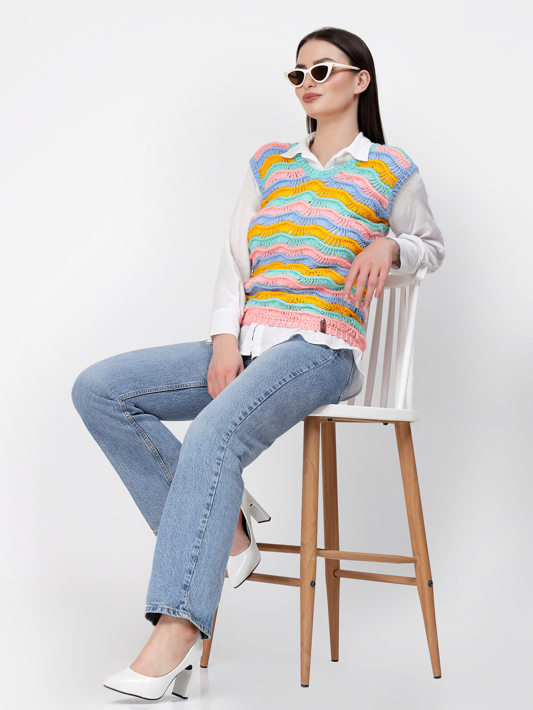 Handwoven Ripple Crochet Stitch Pullover for Women - Multi