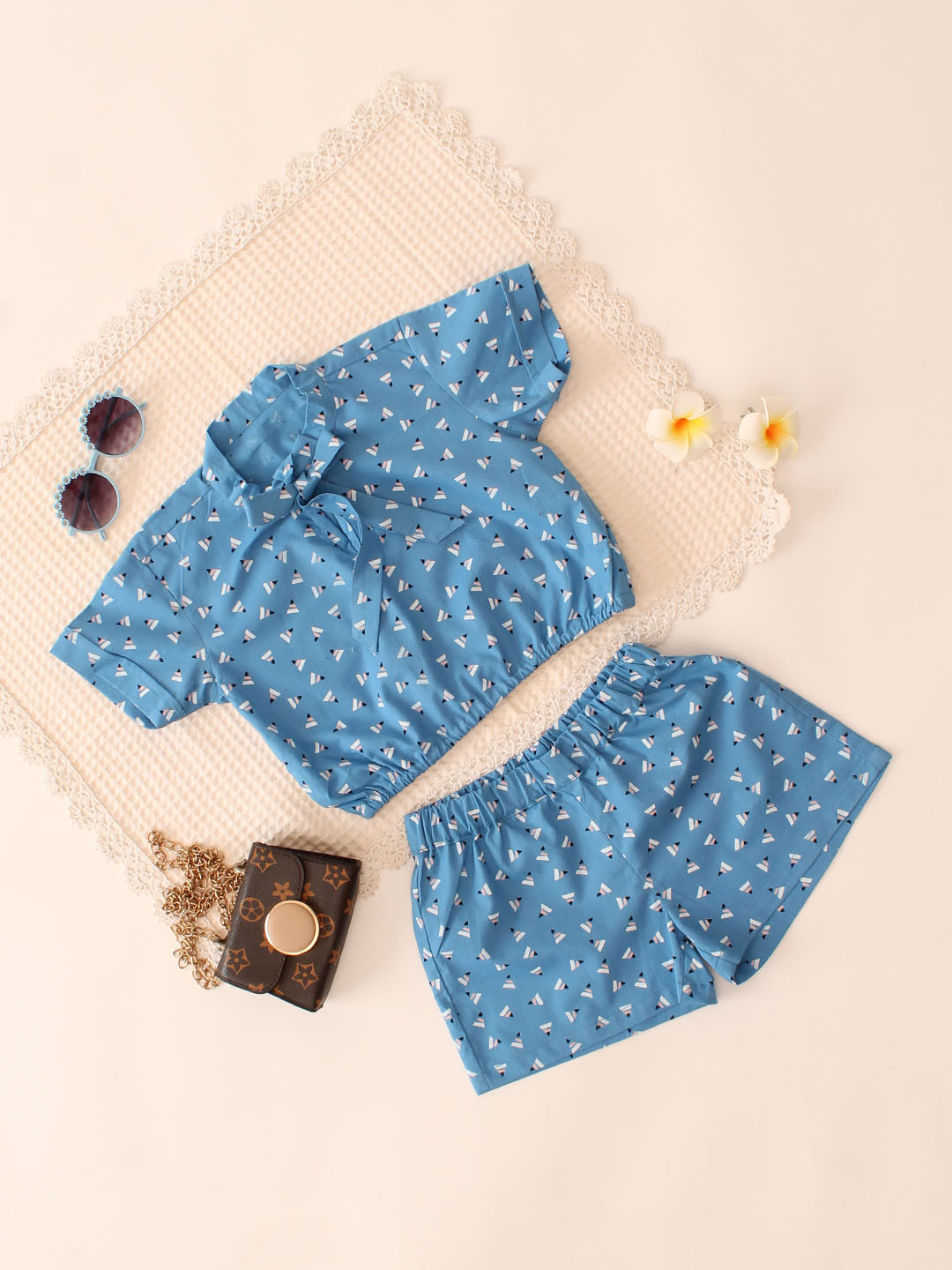 Neck Tie-up Half Sleeves Shirt Style Cotton Co ord Set - Blue