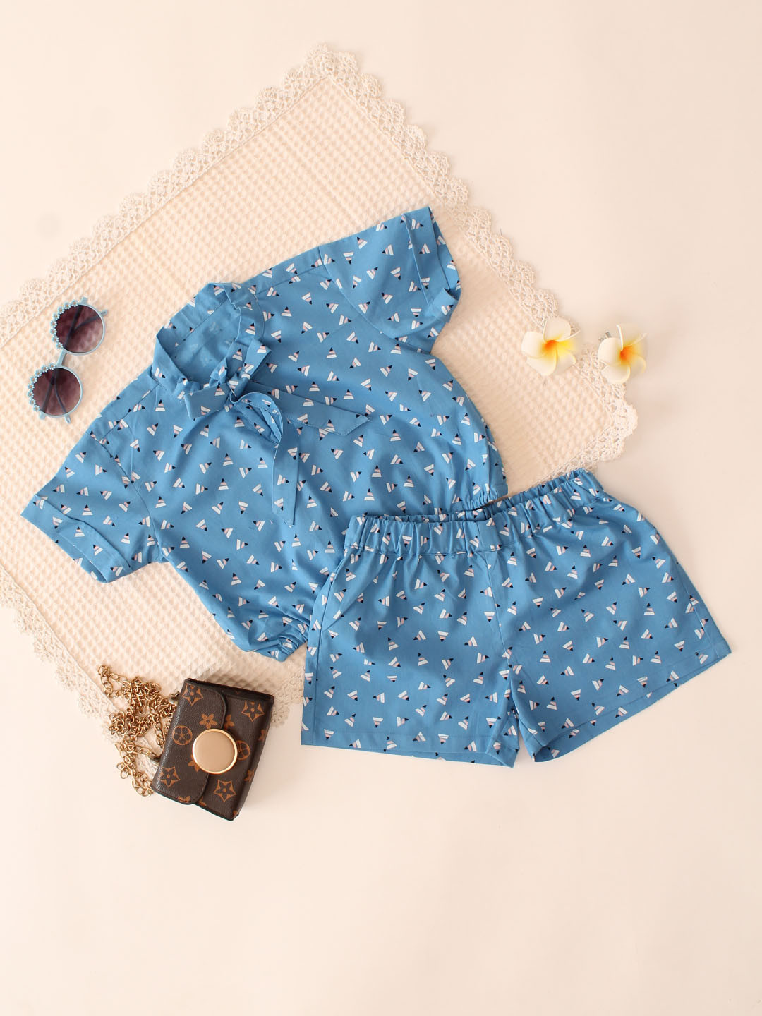 Neck Tie-up Half Sleeves Shirt Style Cotton Co ord Set - Blue