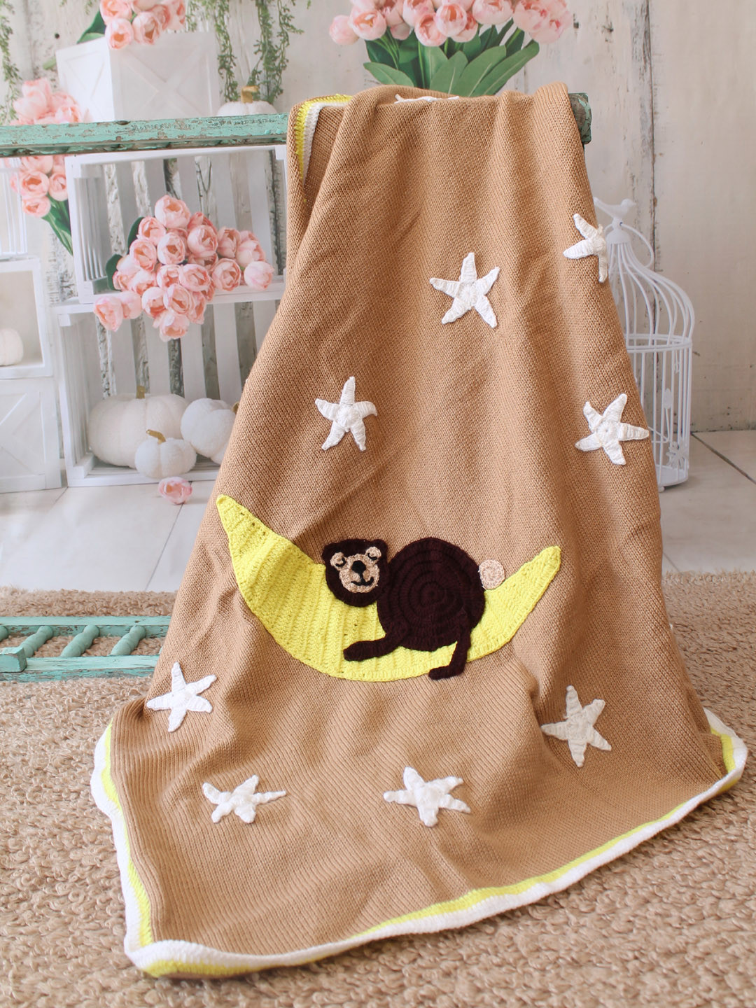 Newborn Machine Knitted Monkey Sleeping Baby Blanket - Beige