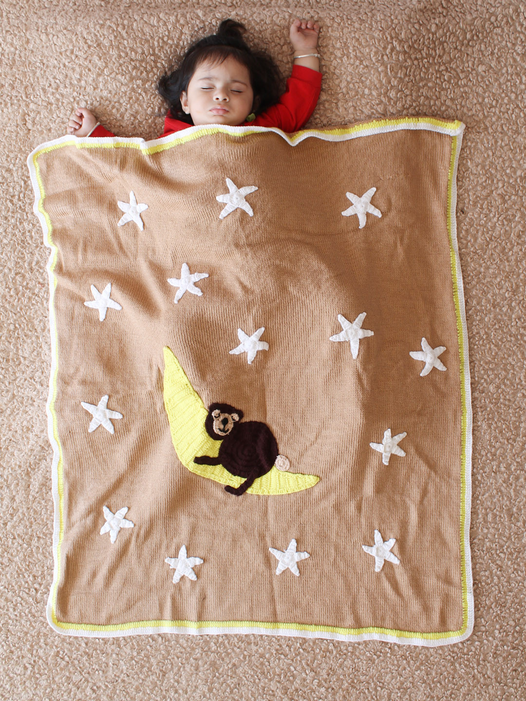 Newborn Machine Knitted Monkey Sleeping Baby Blanket - Beige