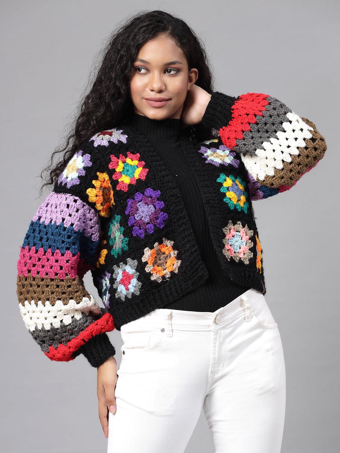 Oversized Granny Square Cardigan with Puffed Sleeve - Black
