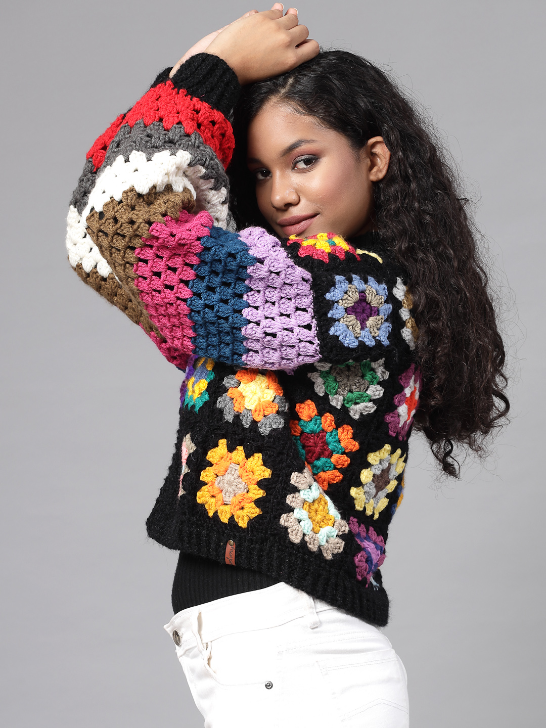 Oversized Granny Square Cardigan with Puffed Sleeve - Black