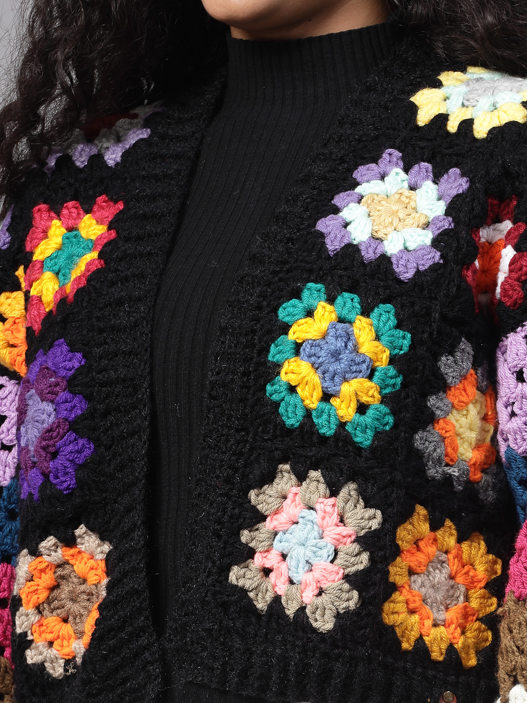 Oversized Granny Square Cardigan with Puffed Sleeve - Black