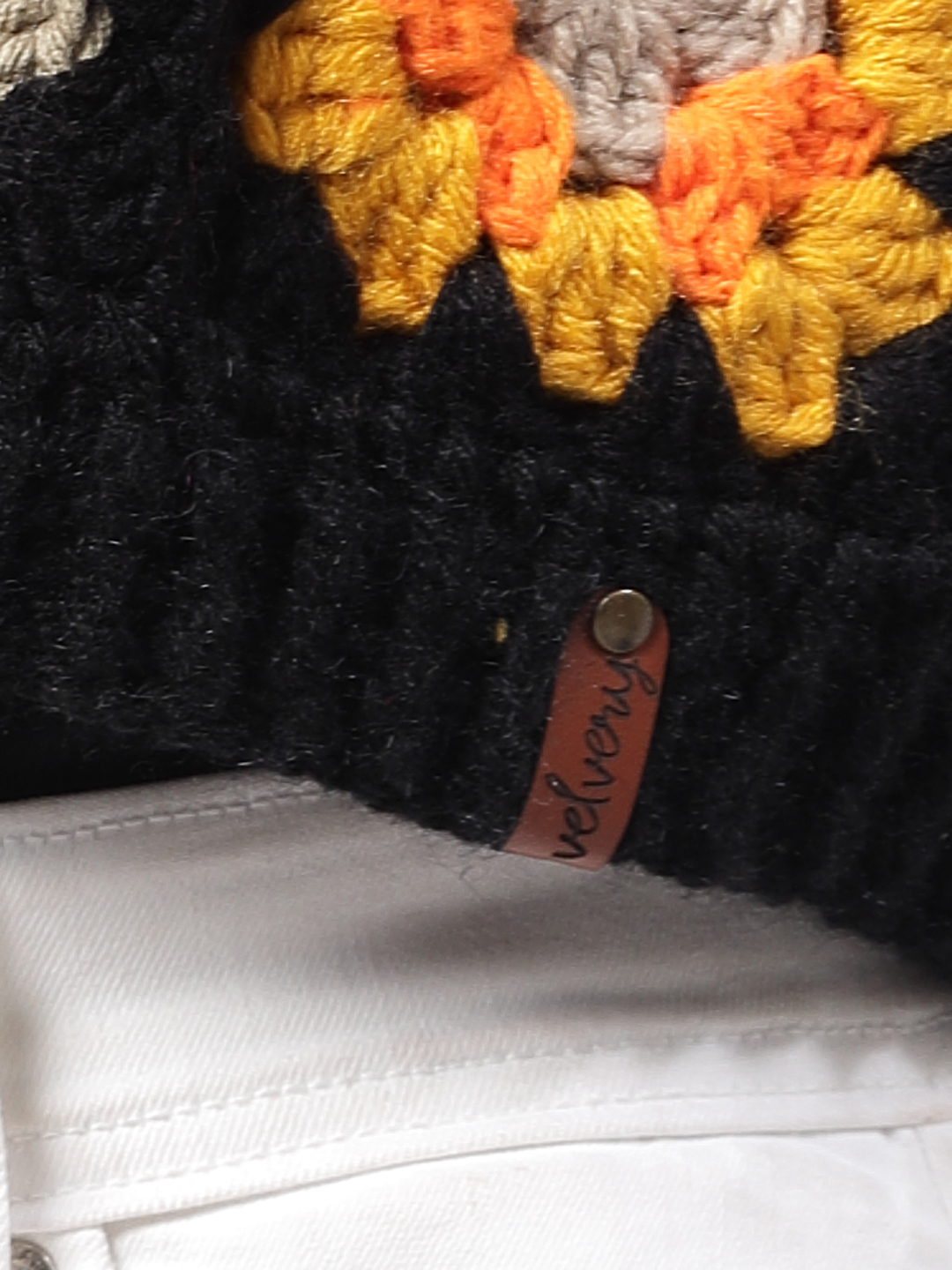 Oversized Granny Square Cardigan with Puffed Sleeve - Black