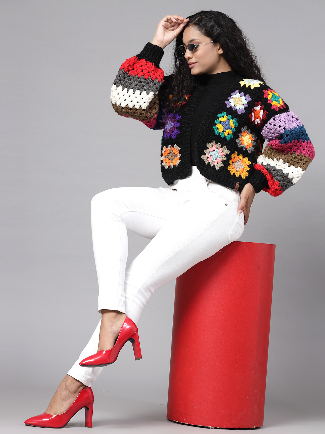 Oversized Granny Square Cardigan with Puffed Sleeve - Black