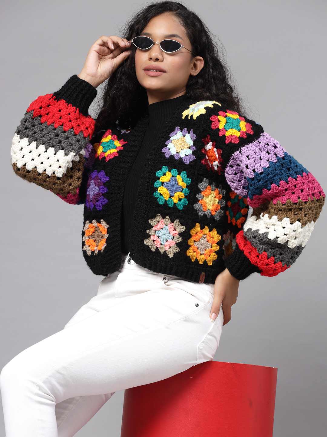 Oversized Granny Square Cardigan with Puffed Sleeve - Black