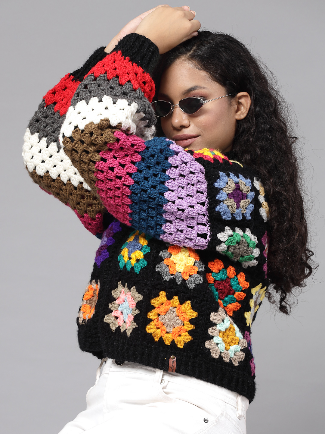 Oversized Granny Square Cardigan with Puffed Sleeve - Black