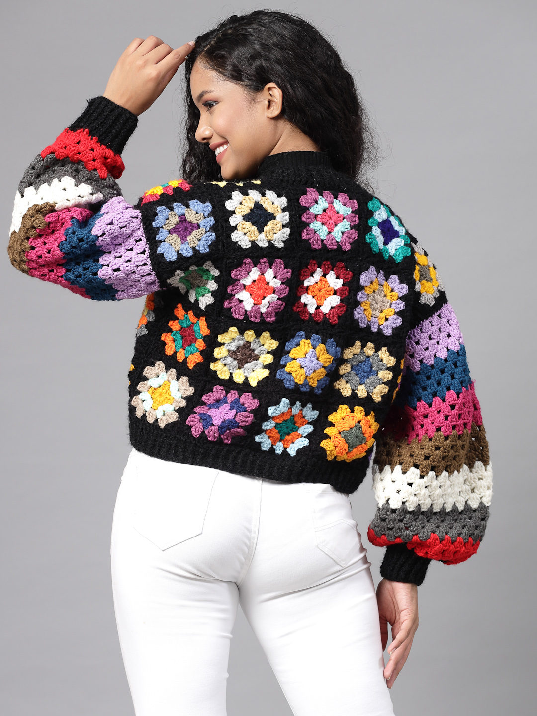 Oversized Granny Square Cardigan with Puffed Sleeve - Black