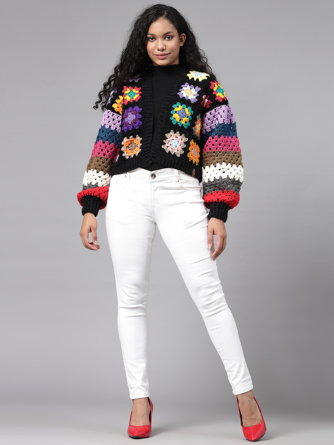 Oversized Granny Square Cardigan with Puffed Sleeve - Black