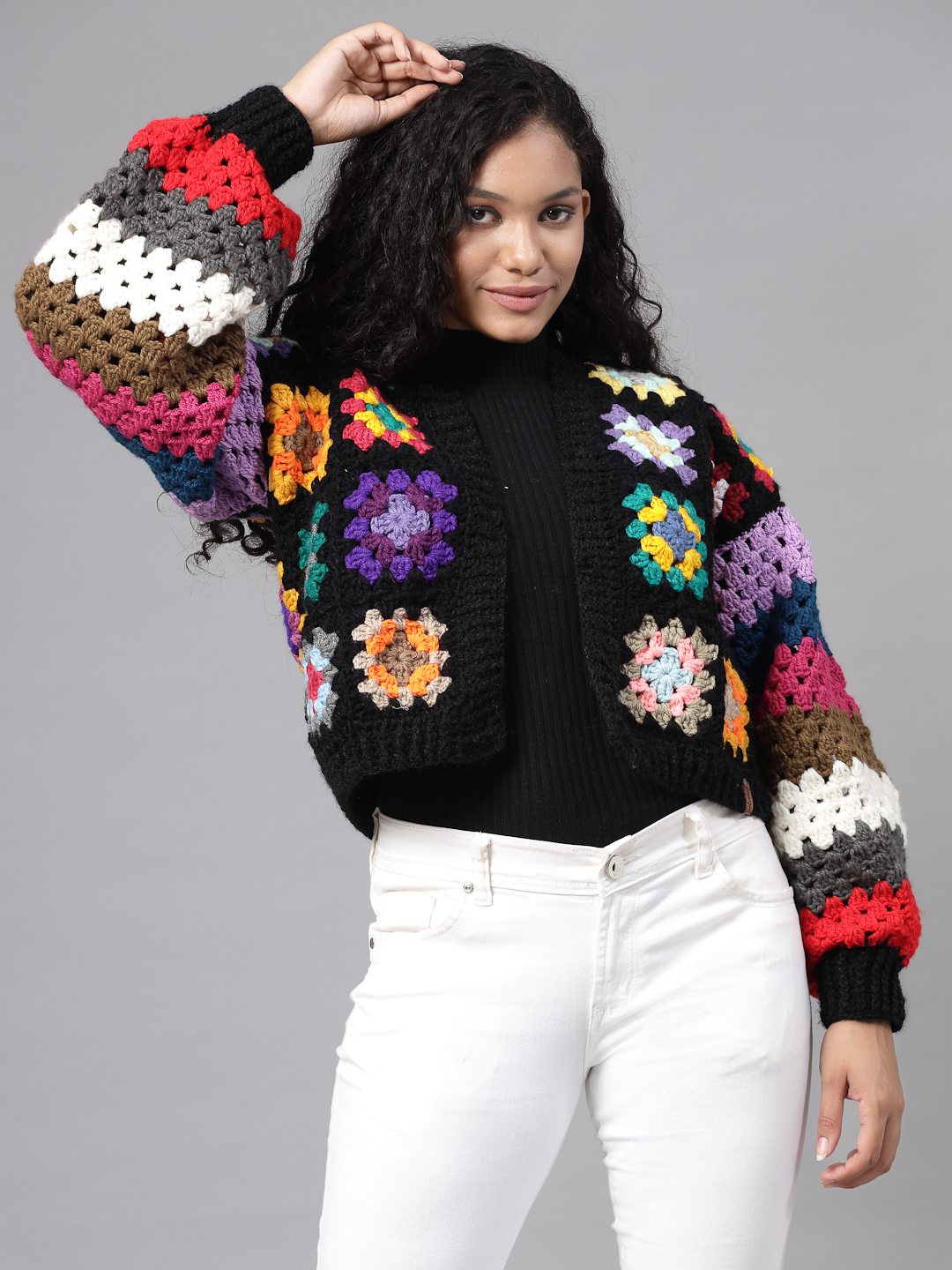 Oversized Granny Square Cardigan with Puffed Sleeve - Black