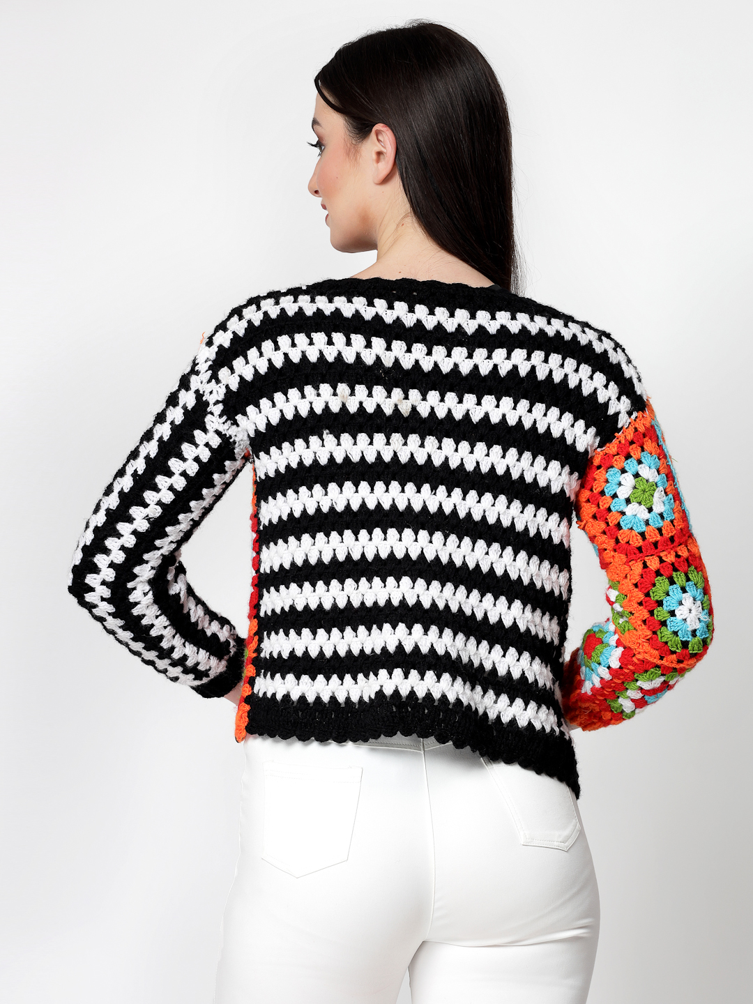 Crochet Front Open Party Wear Sweater for Ladies - Black