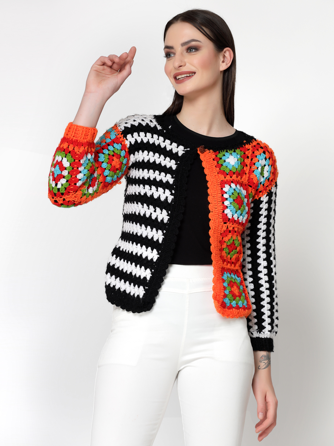 Crochet Front Open Party Wear Sweater for Ladies Black