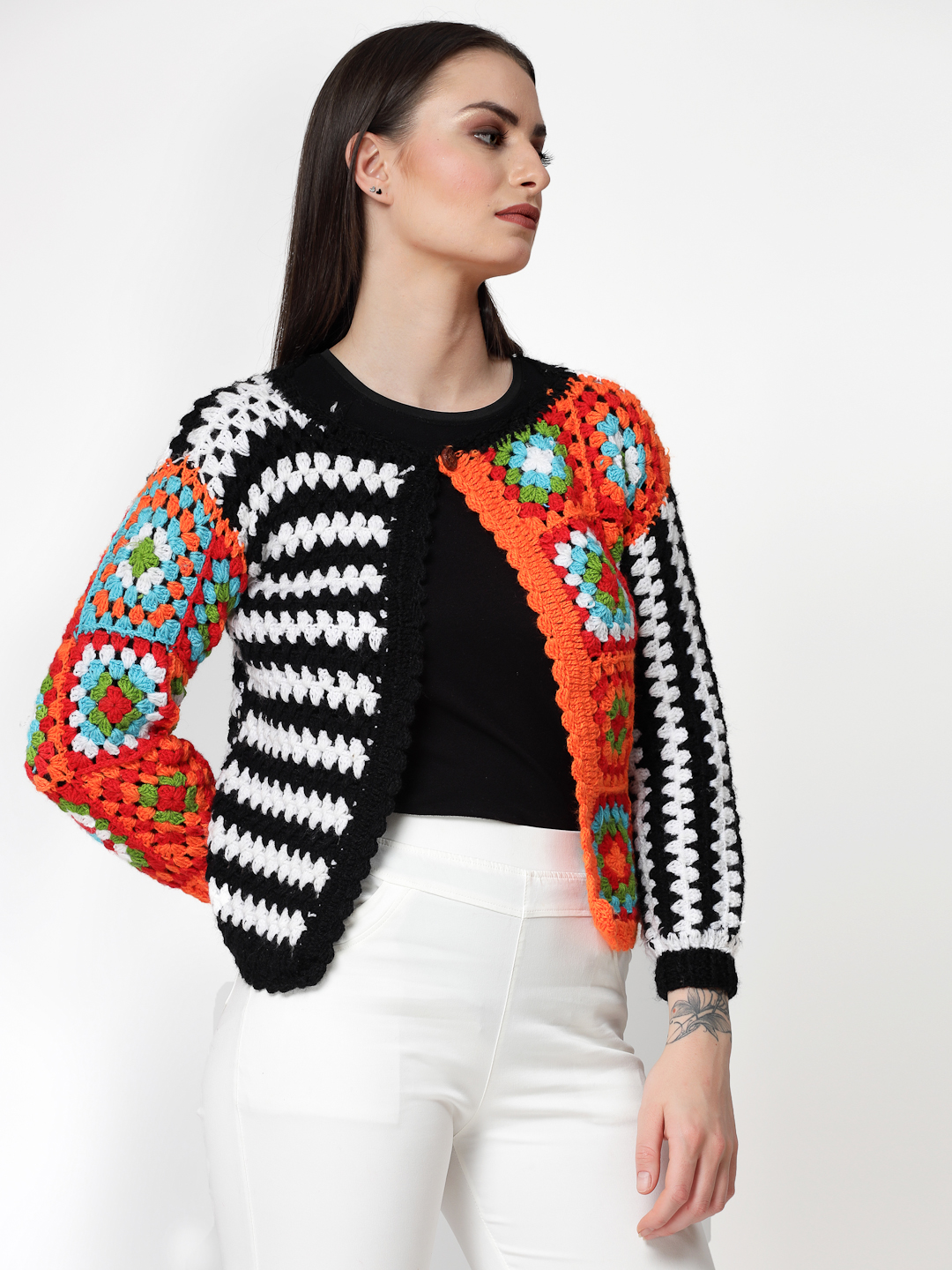 Crochet Front Open Party Wear Sweater for Ladies - Black