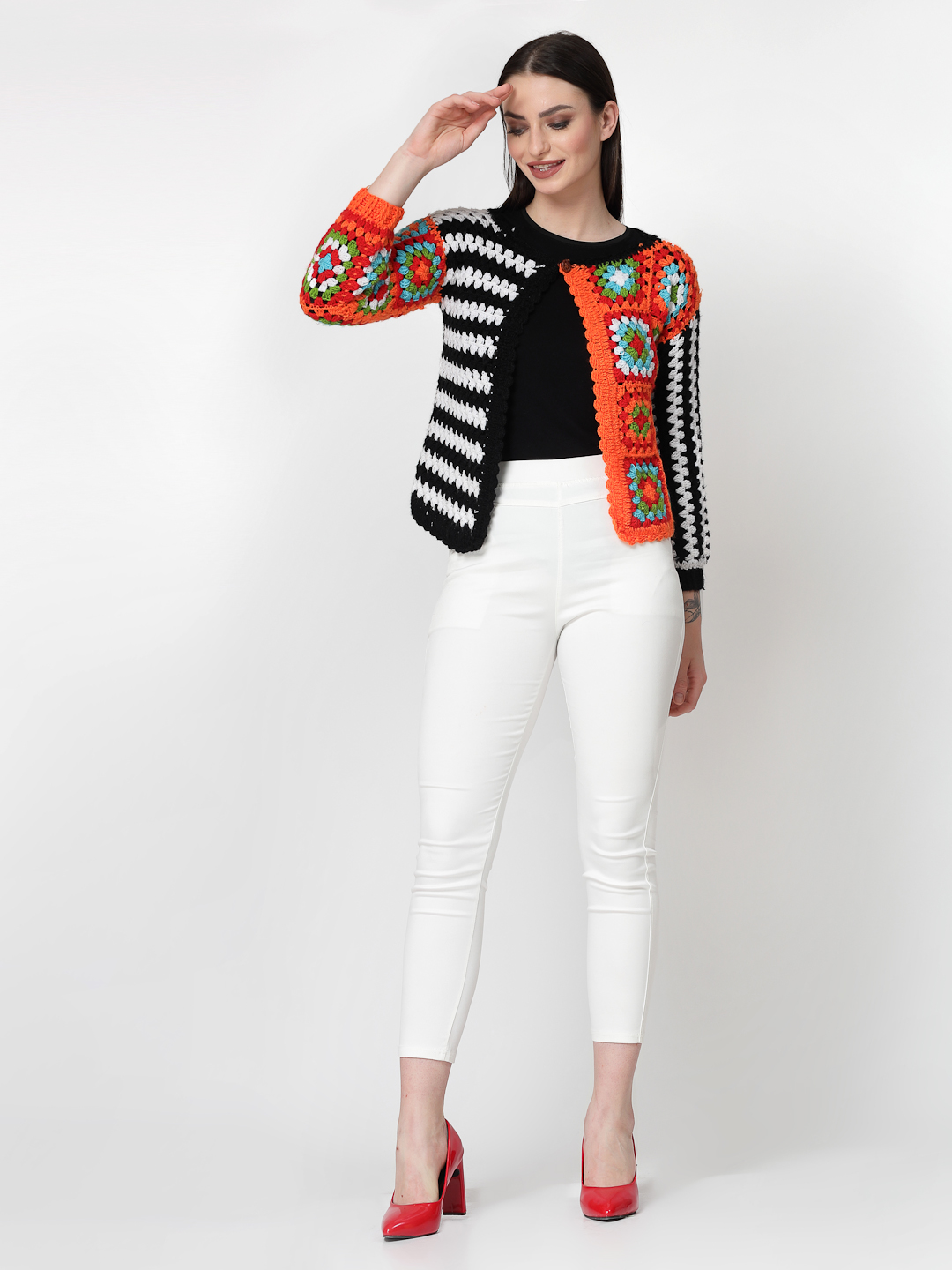 Crochet Front Open Party Wear Sweater for Ladies - Black