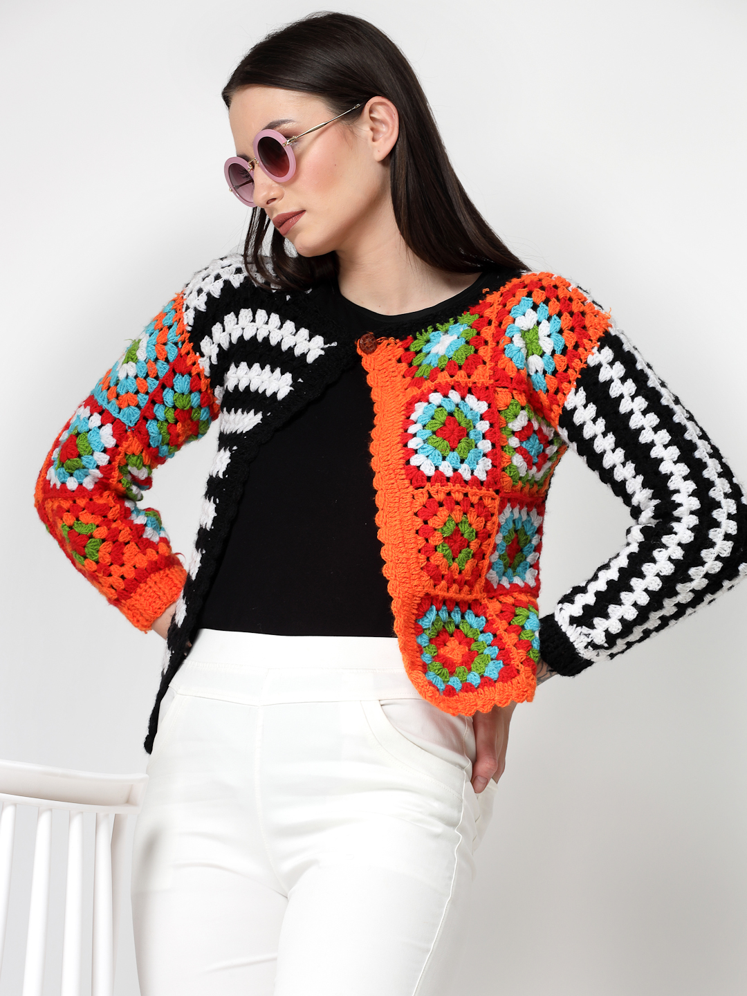 Crochet Front Open Party Wear Sweater for Ladies - Black