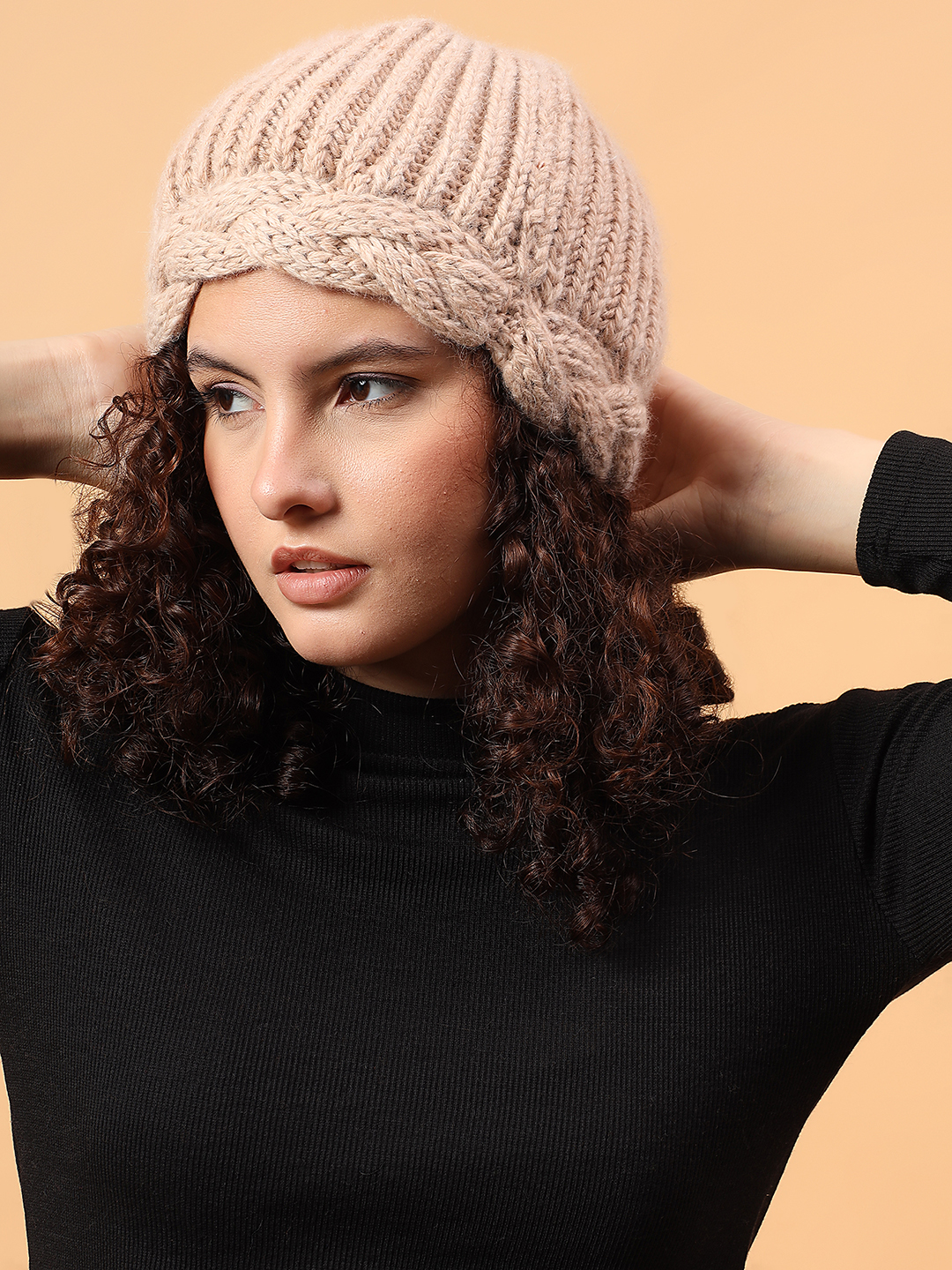 Velvery Merino Wool Sustainable Twisted Cable Knit Cap - Beige