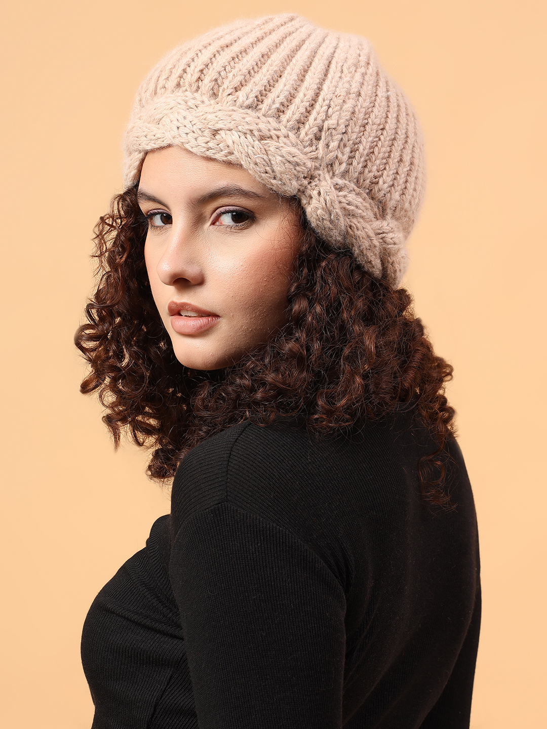 Velvery Merino Wool Sustainable Twisted Cable Knit Cap - Beige