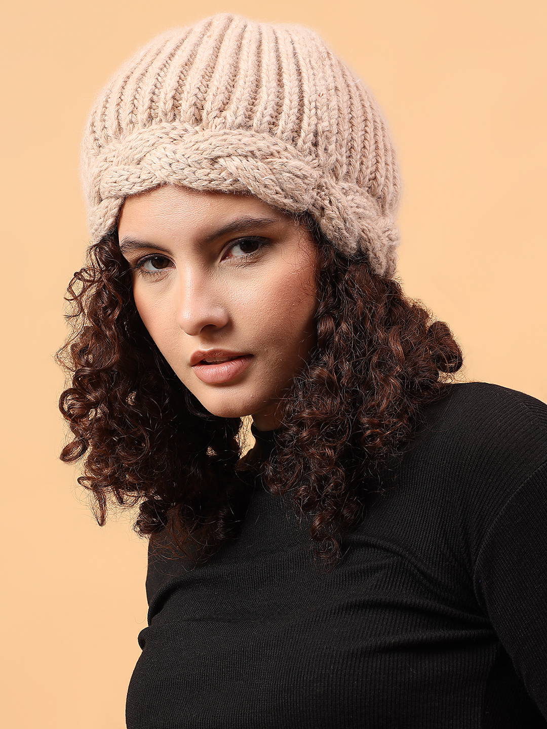 Velvery Merino Wool Sustainable Twisted Cable Knit Cap - Beige