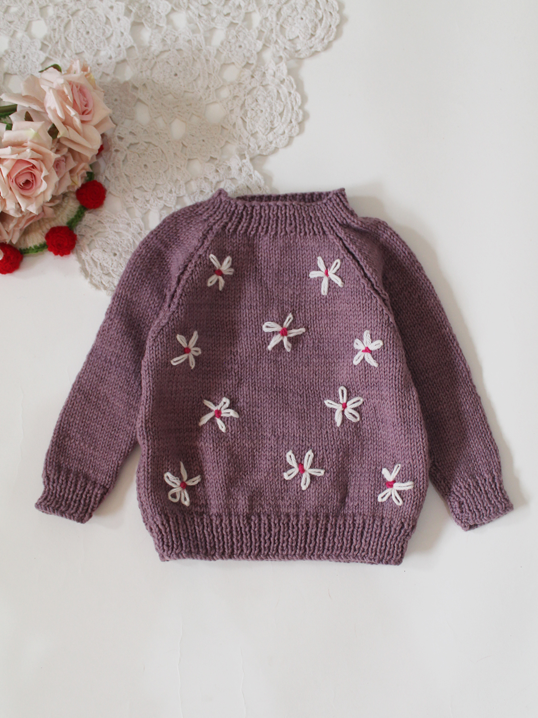 Woonie Handknitted Floral Embroidered Merino Pullover - Purple