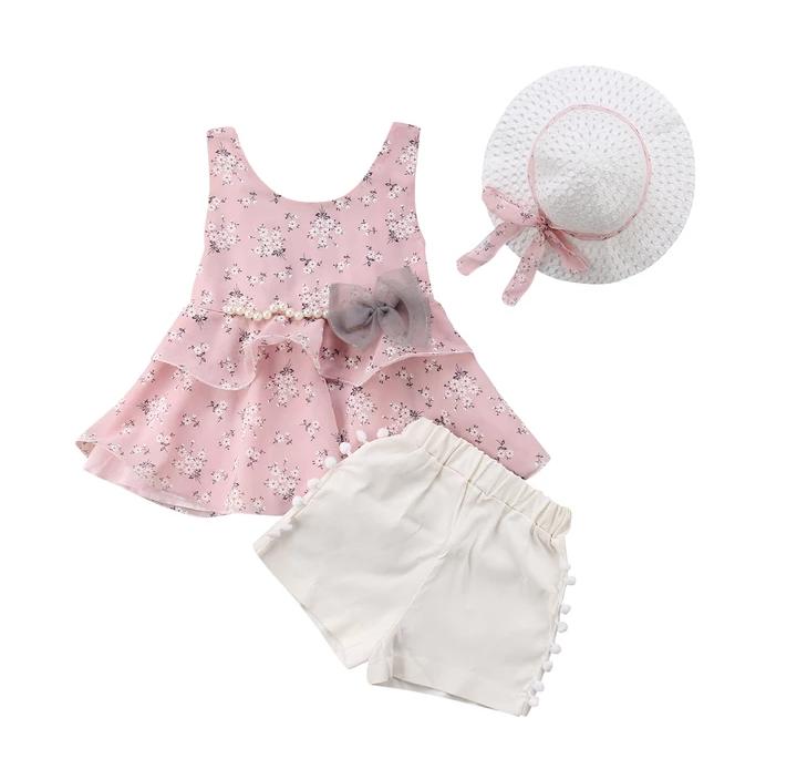 Pearl Georgette Top With Bottom & Hat ( Pink )