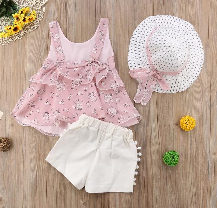 Pearl Georgette Top With Bottom & Hat ( Pink )