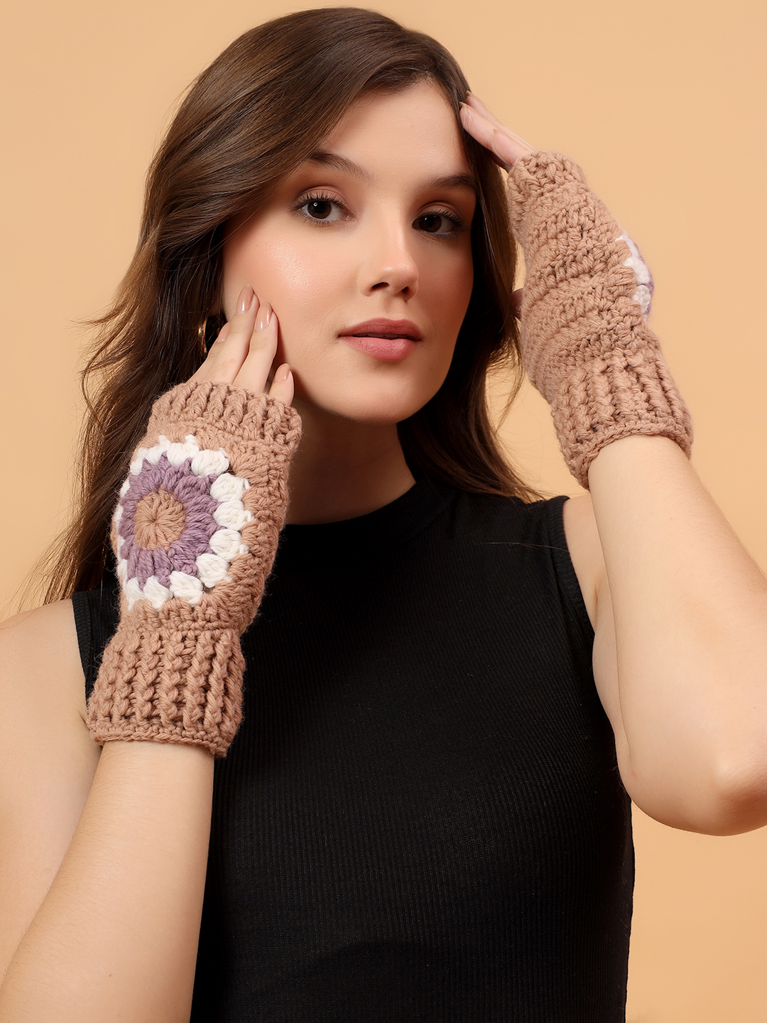 Velvery Merino Sustainable Floral Fingerless Gloves - Beige