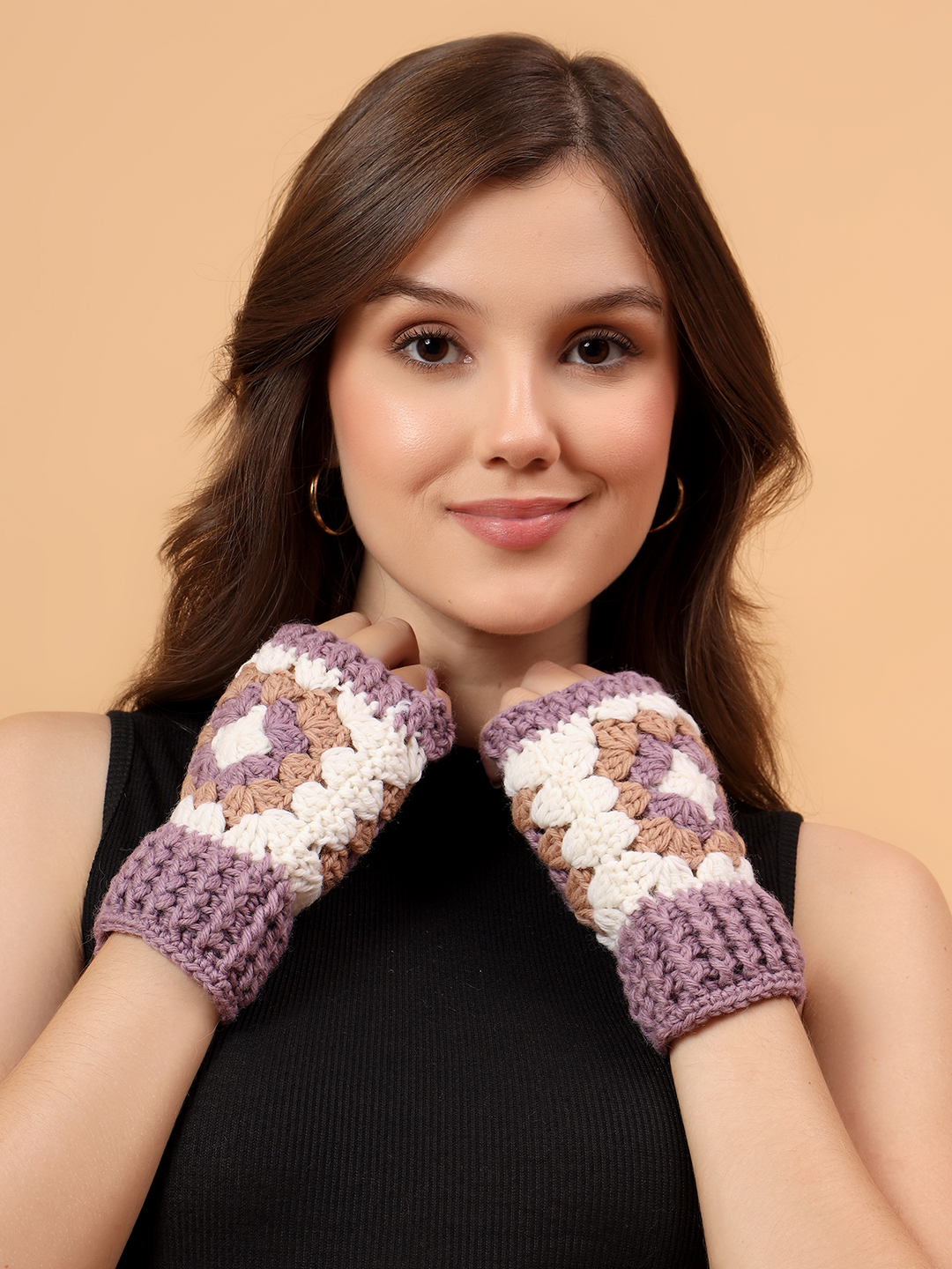 Velvery Merino Sustainable Granny Square Fingerless Gloves - Purple