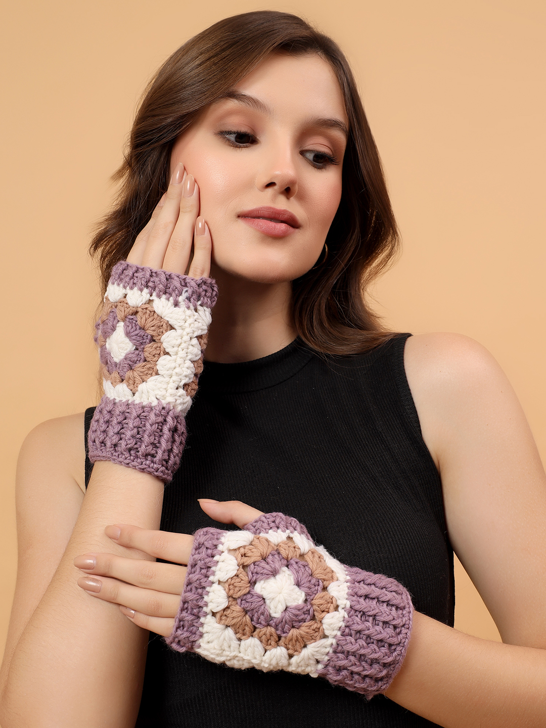 Velvery Merino Sustainable Granny Square Fingerless Gloves - Purple