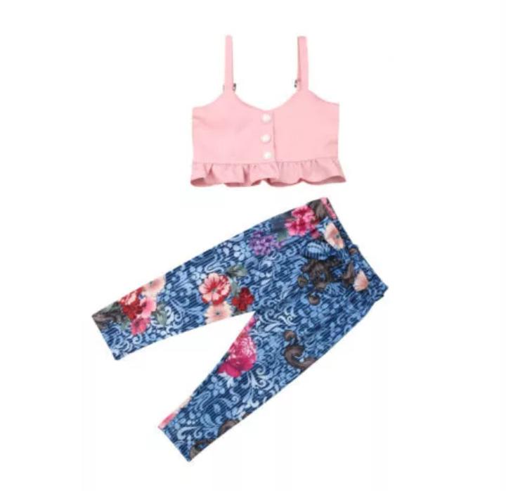 Pink Buttoned Top with Blue Printed Bottom